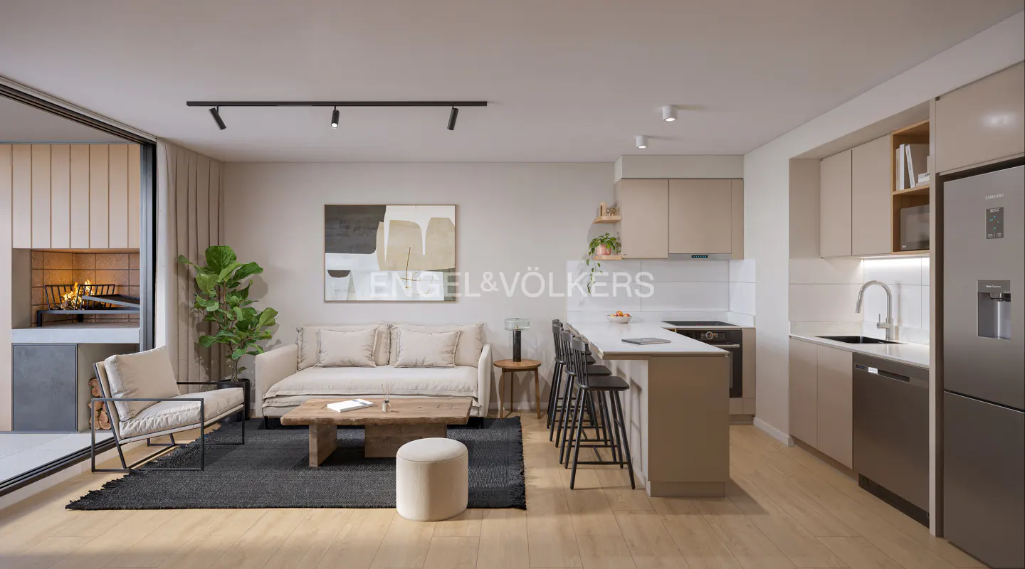 A modern apartment with a living room, kitchen, and fireplace on the balcony. The color palette is neutral with beige and gray tones.