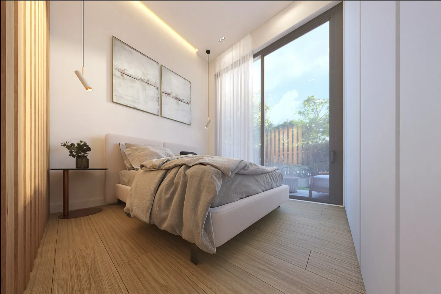 Bright bedroom with a white bed, wood floors, and a large window overlooking a garden. Artwork hangs above the bed.