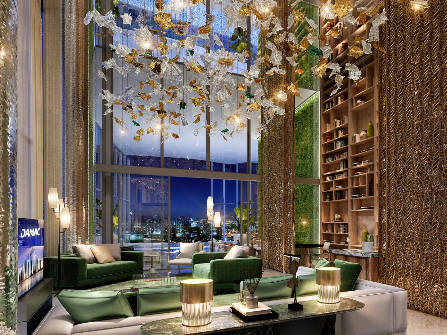 Opulent living room with green sofas, a large window overlooking a city skyline at night, and a decorative chandelier.