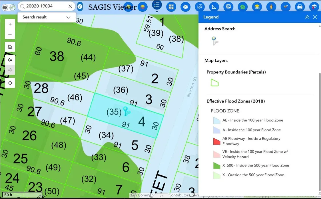 Screenshot of a SAGIS Viewer map showing property lines, flood zones, and an address search pin on parcel 4.
