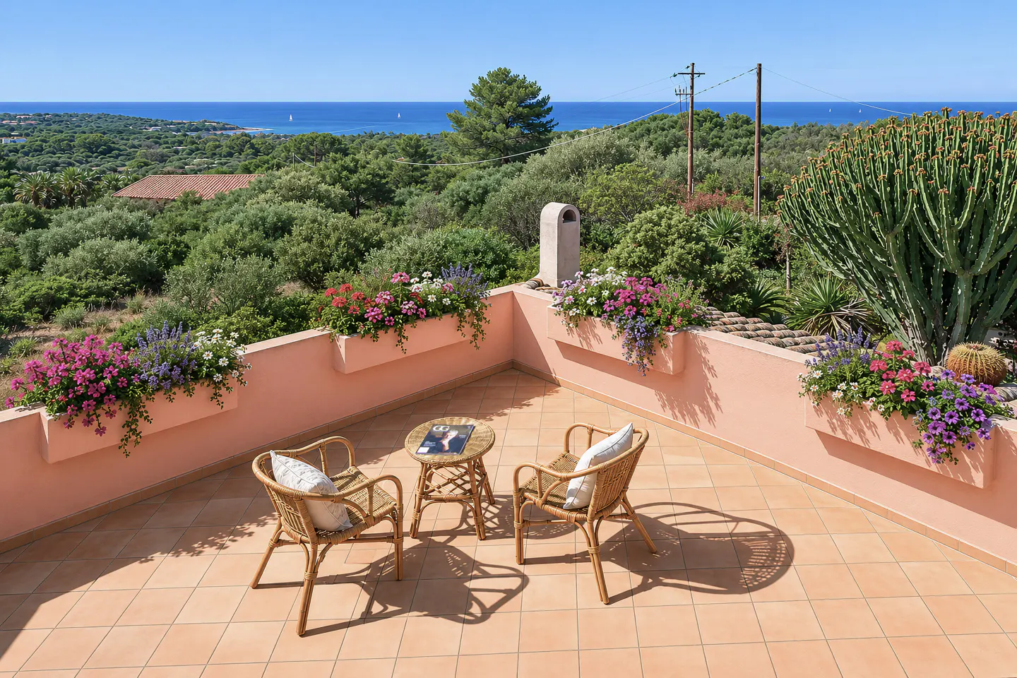 Terrace with wicker chairs, table, and pink walls with flower boxes. Ocean and green trees in the background.