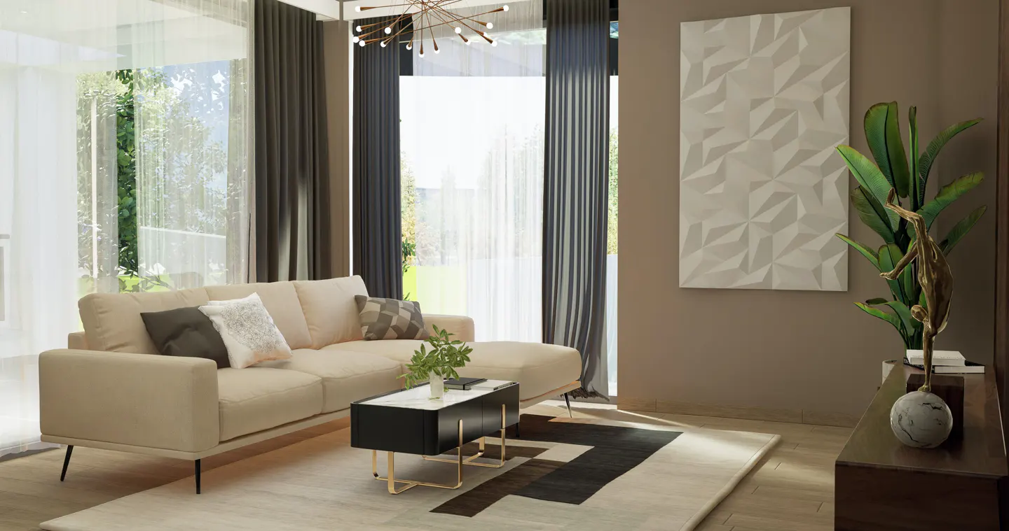Living room with a beige sofa, black and white rug, and modern art. Large windows with sheer and gray curtains let in natural light.