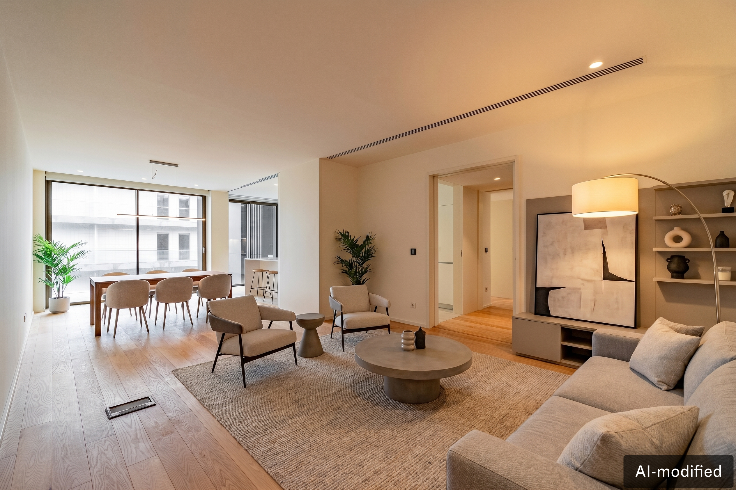 Modern open-plan living room with light wood floors, neutral furniture, a round coffee table, and a dining area. [AI-generated text]