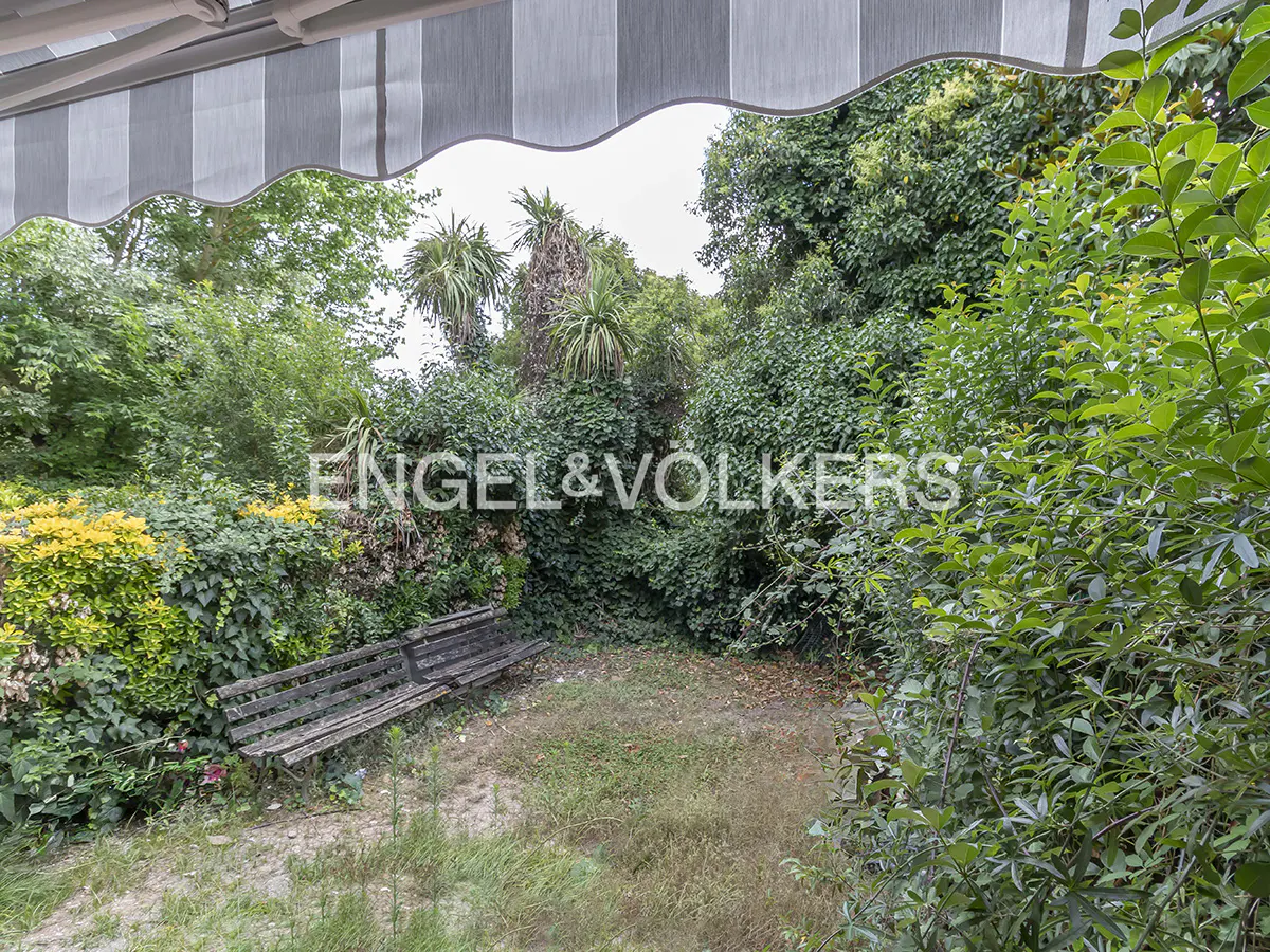 Overgrown garden with a weathered wooden bench, lush green foliage, and a striped awning above.