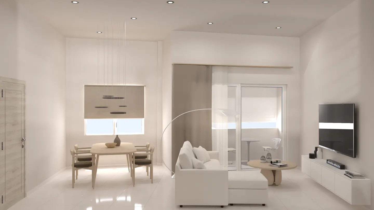 Bright, modern living space with a dining table, white sofa, TV, and balcony access. Neutral color palette.