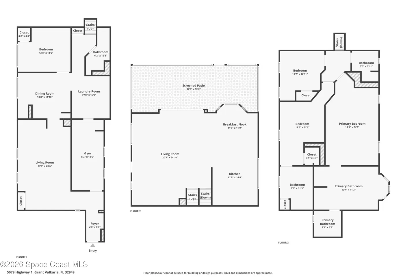 Floor plan of a three-story house, showing room layouts, dimensions, and locations of closets, bathrooms, and stairs.
