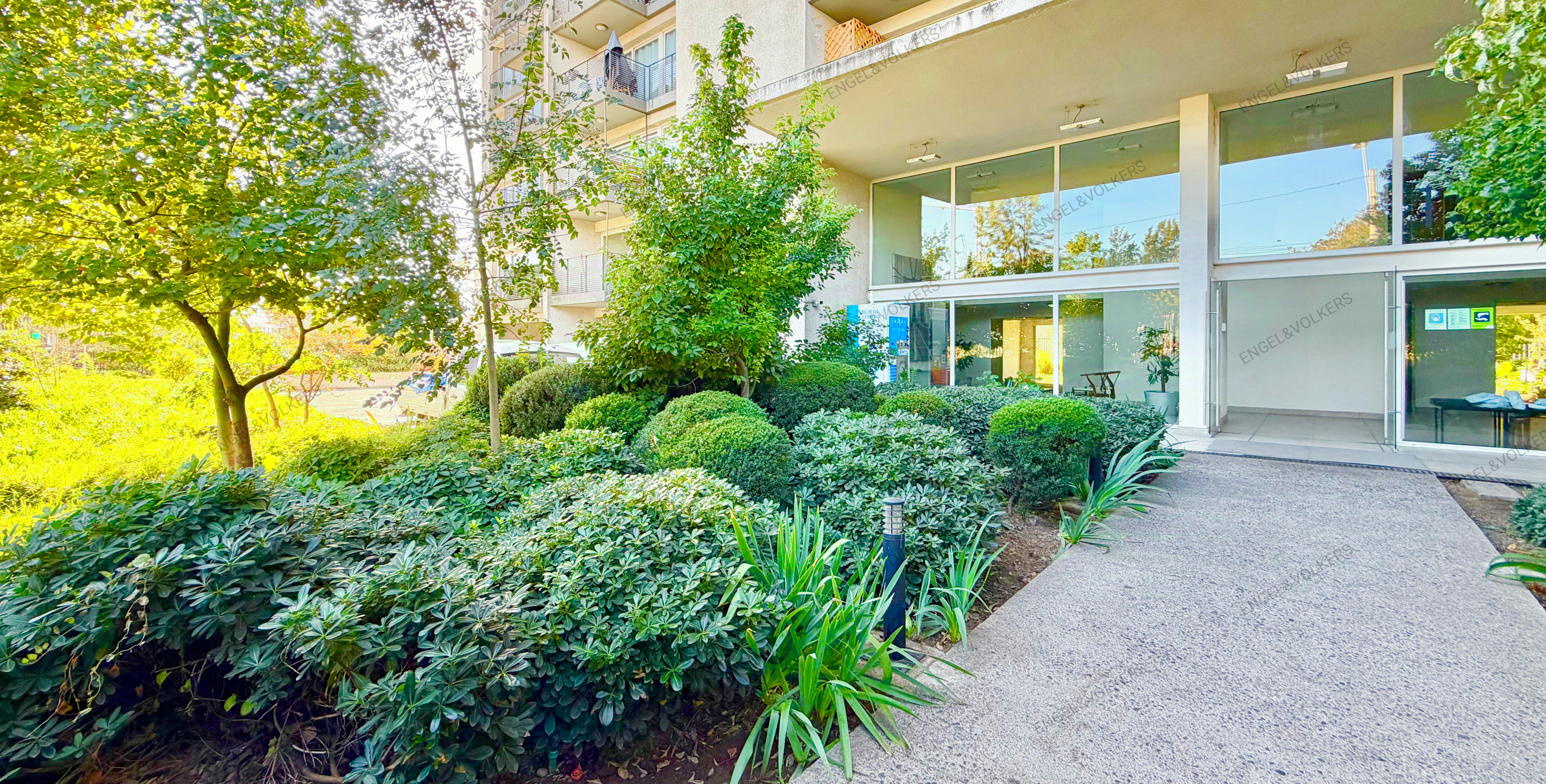 Exterior view of a modern building with large windows and a landscaped garden. A concrete path leads to the entrance. Trees and bushes surround the building.