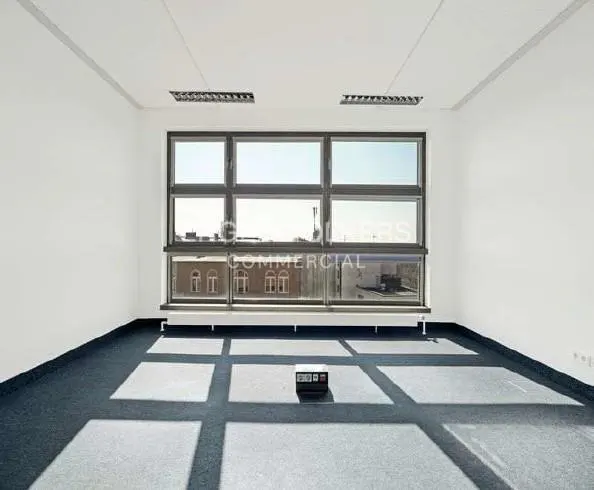 Empty office space with white walls, blue carpet, and large window. Sunlight creates a grid pattern on the floor.
