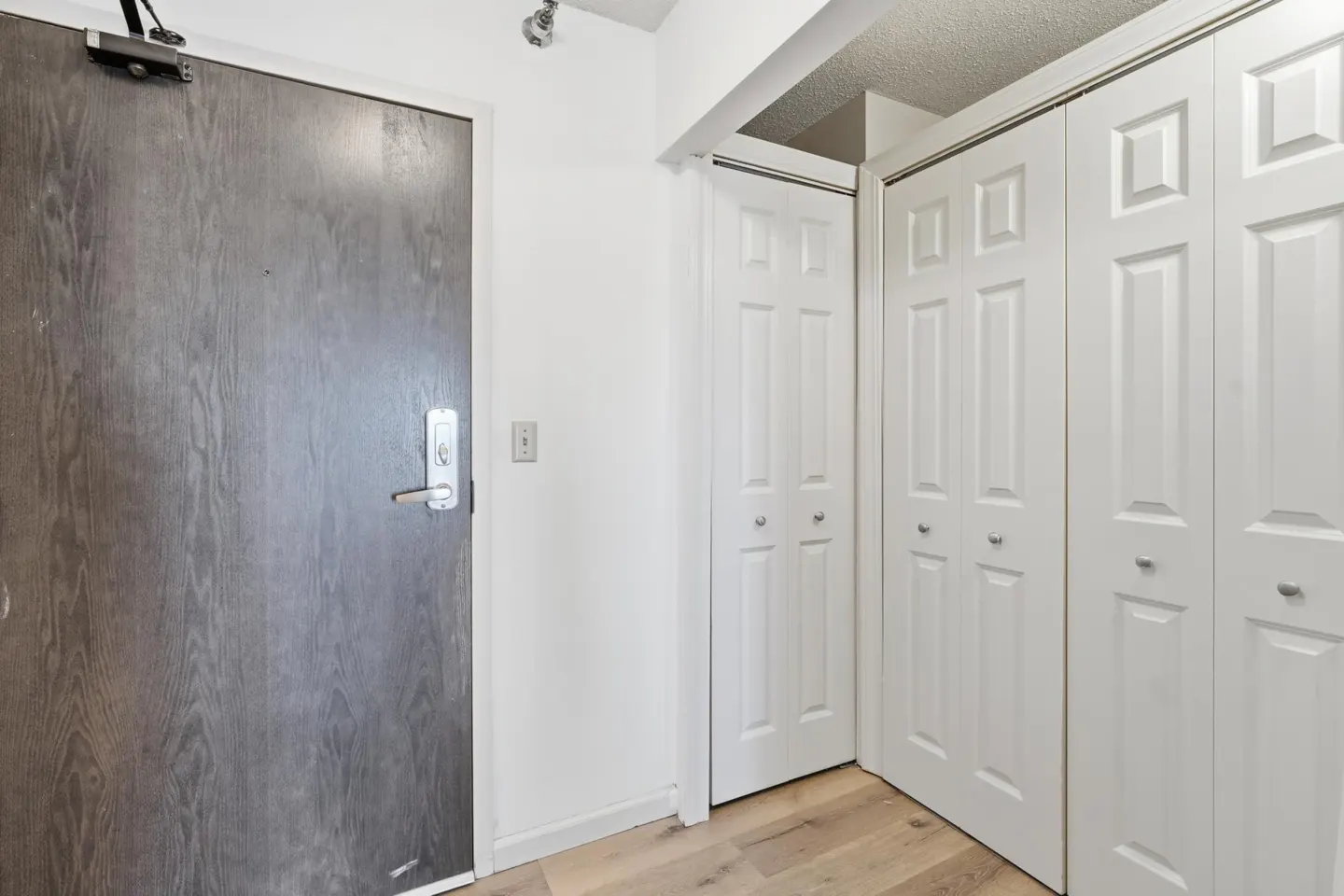 Entryway with a gray wood-grain door, white walls, and white closet doors.