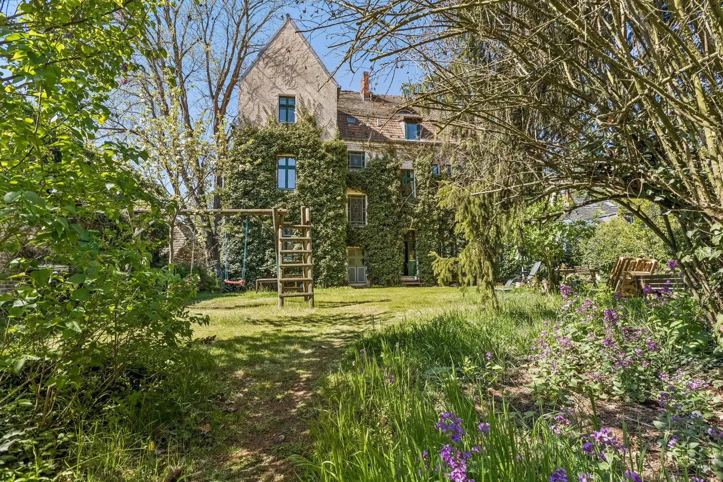 Ivy-covered house with a swing set in the yard. Purple flowers in the foreground.
