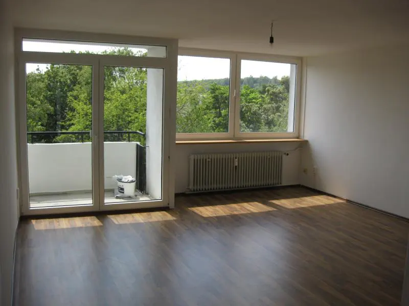 Bright, empty room with wood floors, white walls, and a balcony. A radiator sits under a window with a view of green trees.