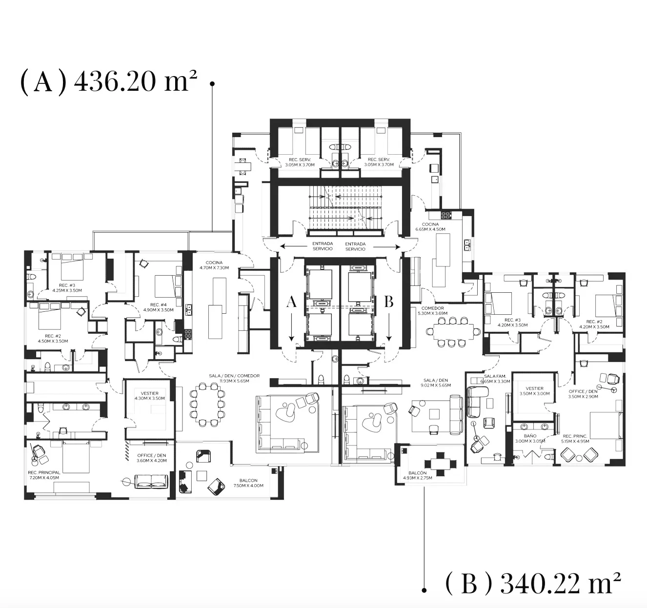 Black and white architectural floor plan showing room layouts, dimensions, and furniture placement. Text indicates areas of 436.20 m² and 340.22 m².