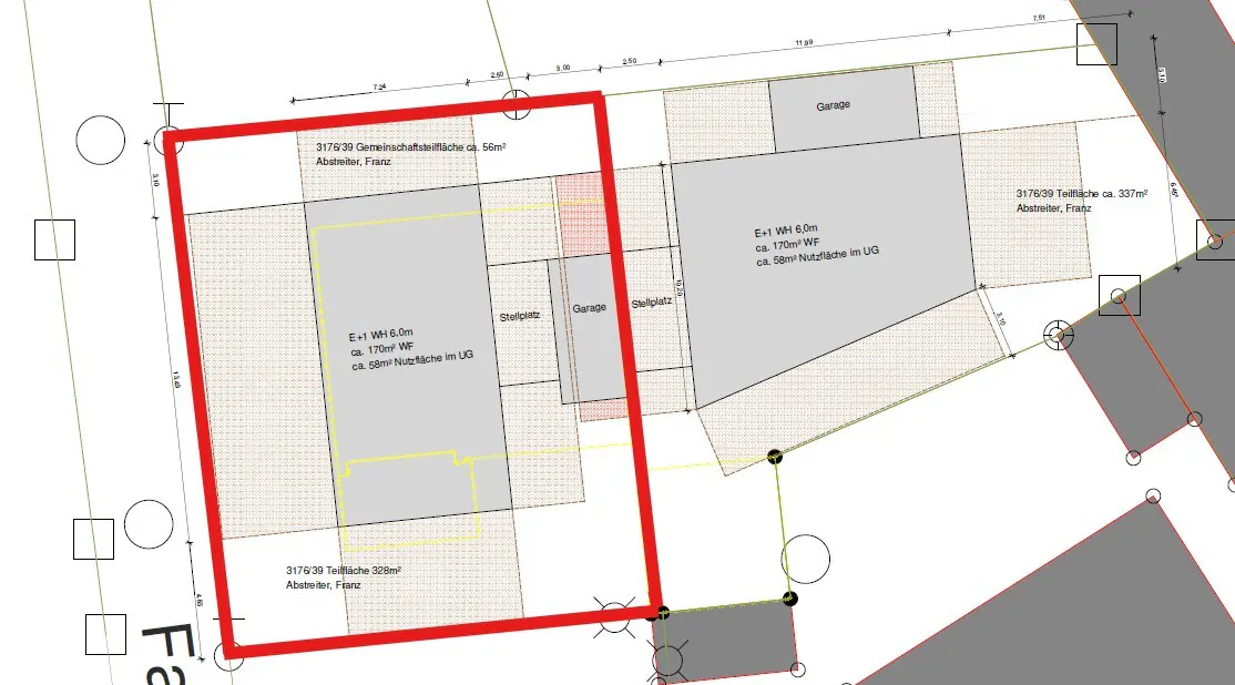 Real estate plot map with a red border, showing building footprints, garage, and parking spaces.