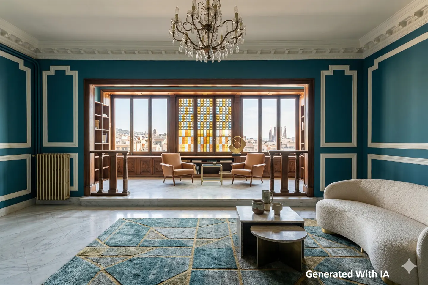 Living room with teal walls, white trim, and marble floors. A large window overlooks a city. A chandelier hangs above a patterned rug and curved sofa.