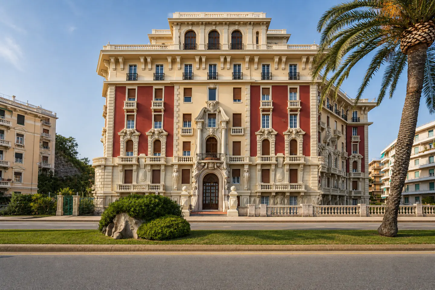 Ornate, multi-story building with red and beige facade, balconies, and arched windows. Palm tree on the right, street in front.