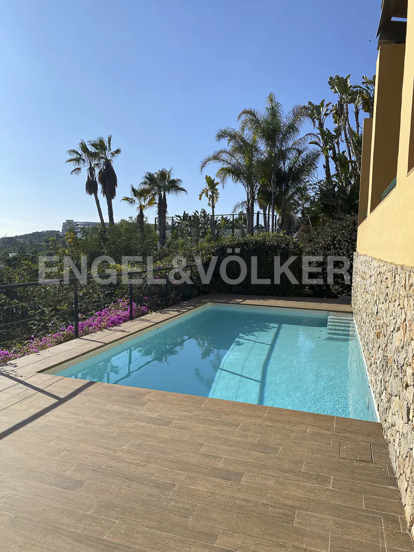 A rectangular swimming pool with turquoise water sits on a wooden deck next to a stone wall, framed by palm trees.