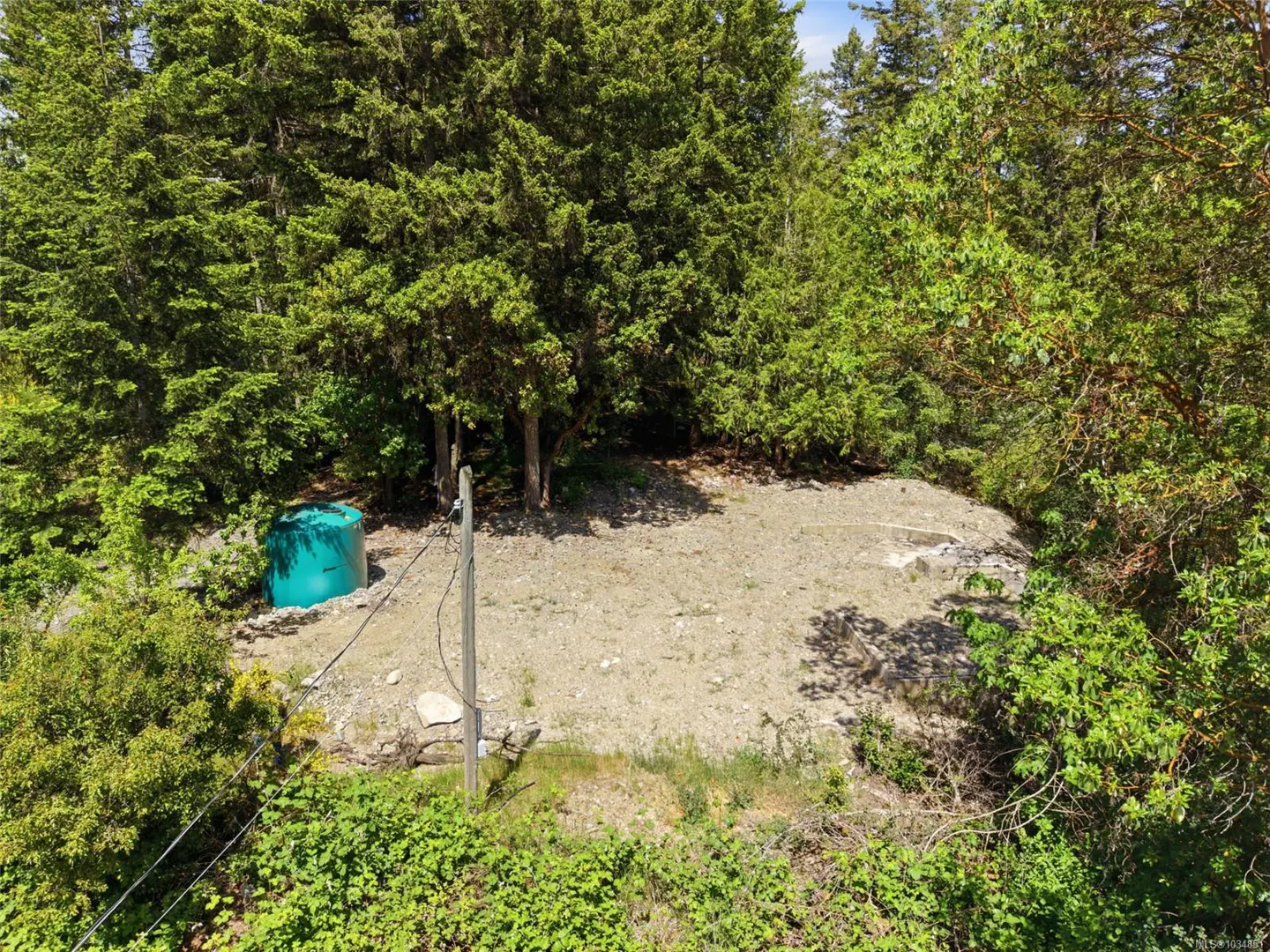 A cleared, gravel-covered lot surrounded by dense green forest, featuring a bright green water tank and a utility pole.