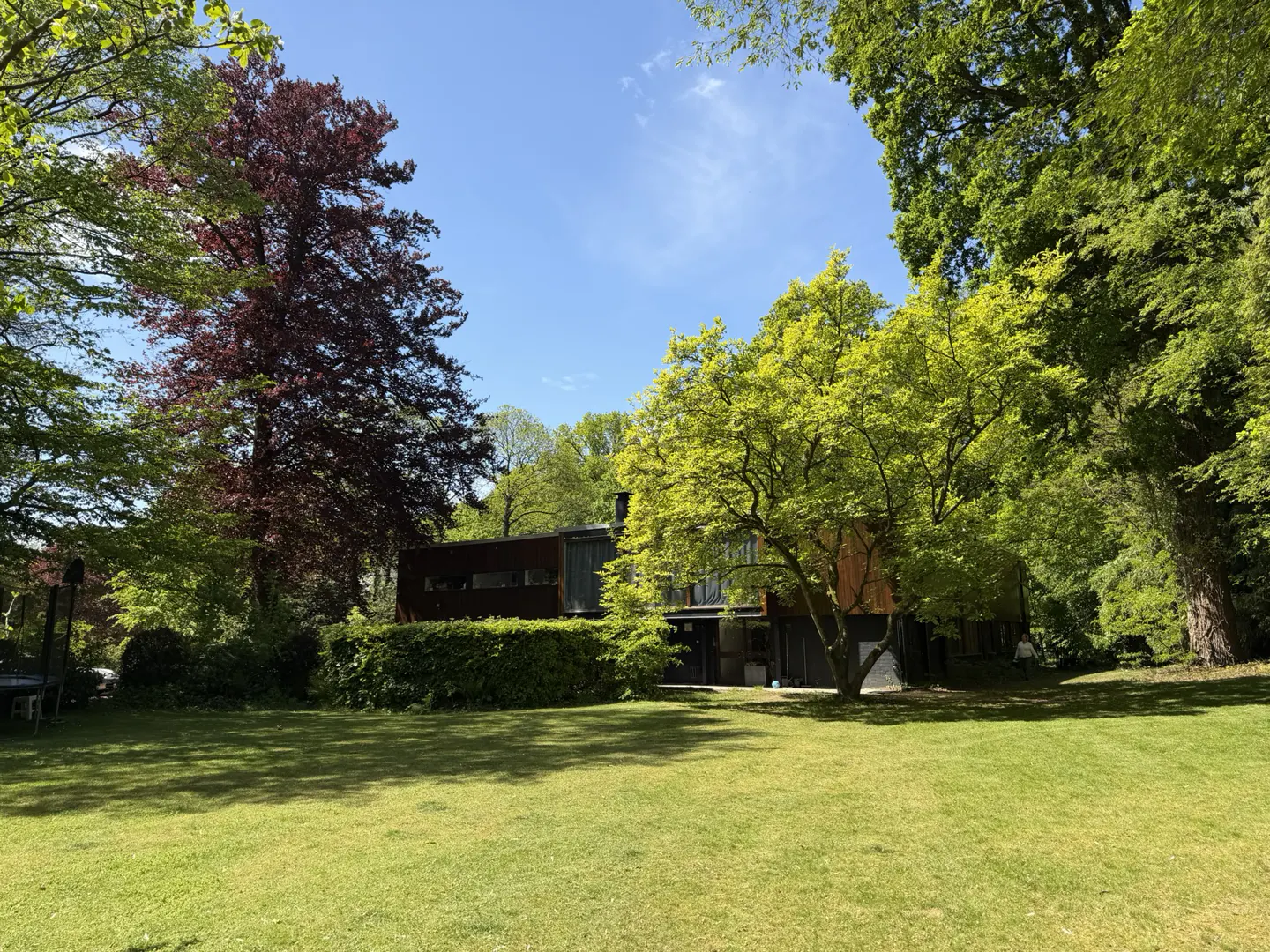 Modern house with dark siding surrounded by green trees and a red-leaved tree, set on a large green lawn under a blue sky.