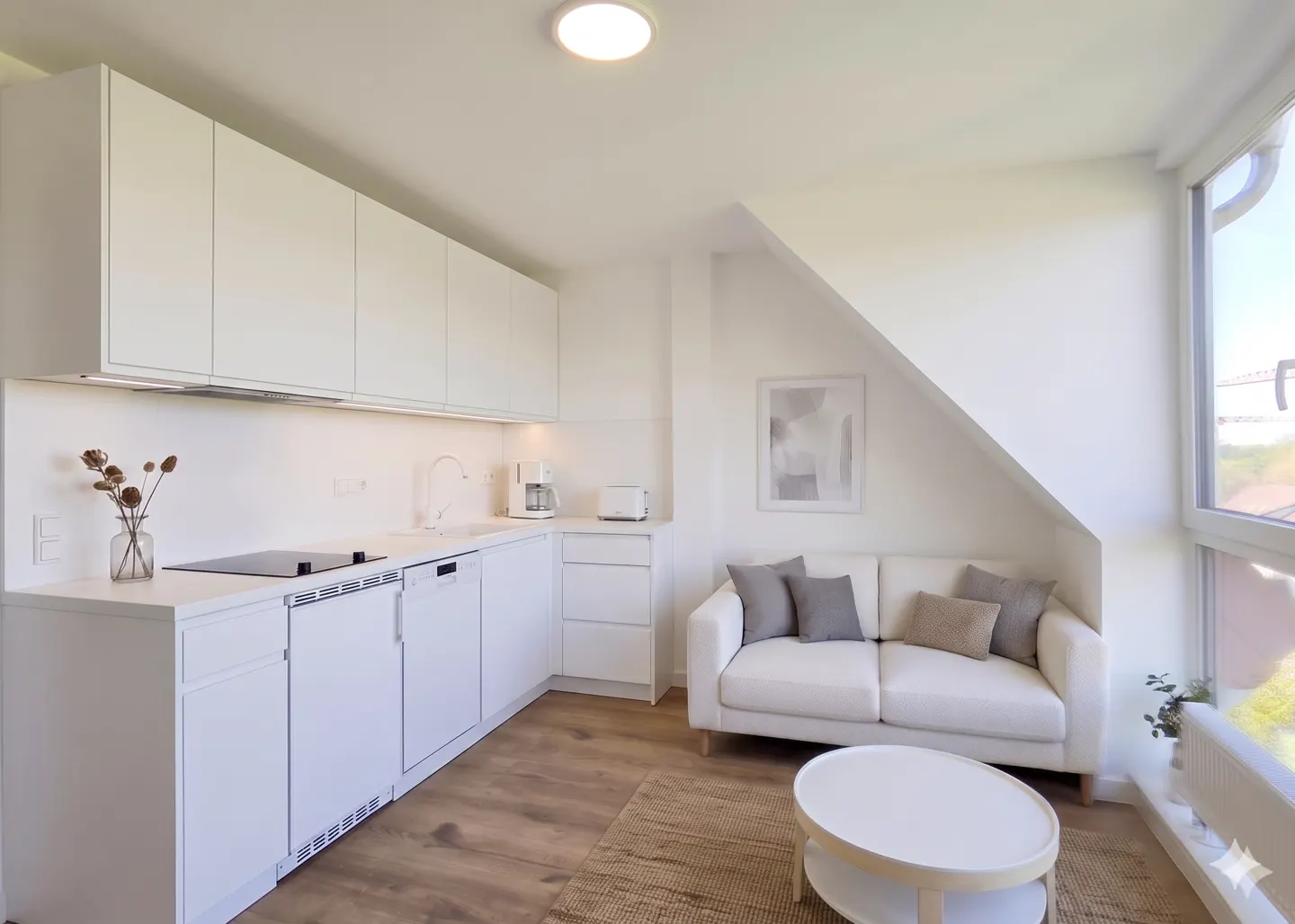 Bright studio apartment with white kitchen cabinets, sofa, and round coffee table on a jute rug. Large window lets in natural light.