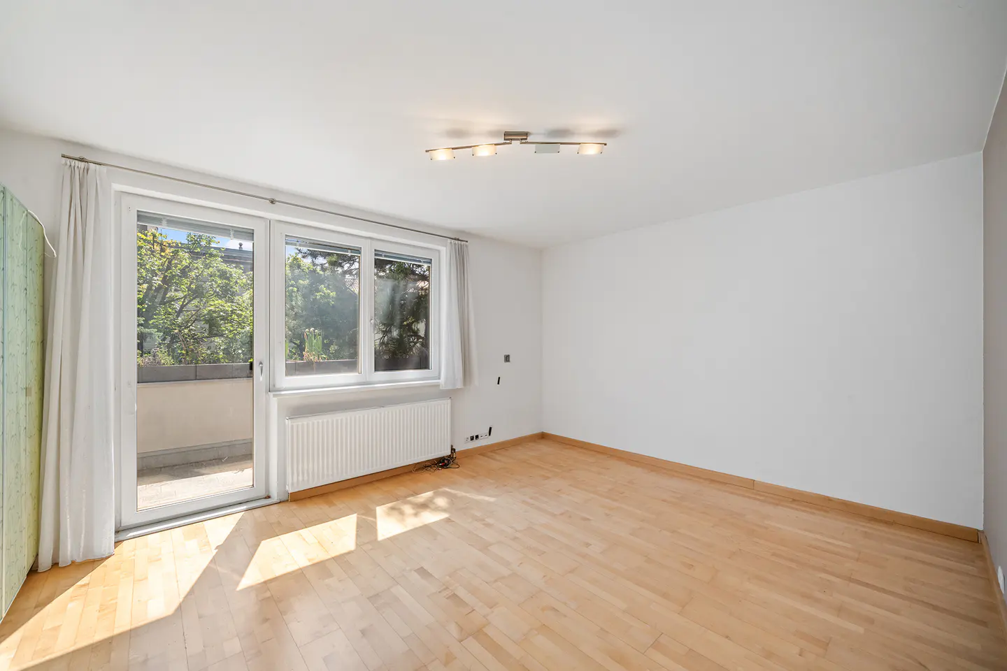 Empty room with light wood floors, white walls, a radiator, and a glass door leading to a balcony with trees.