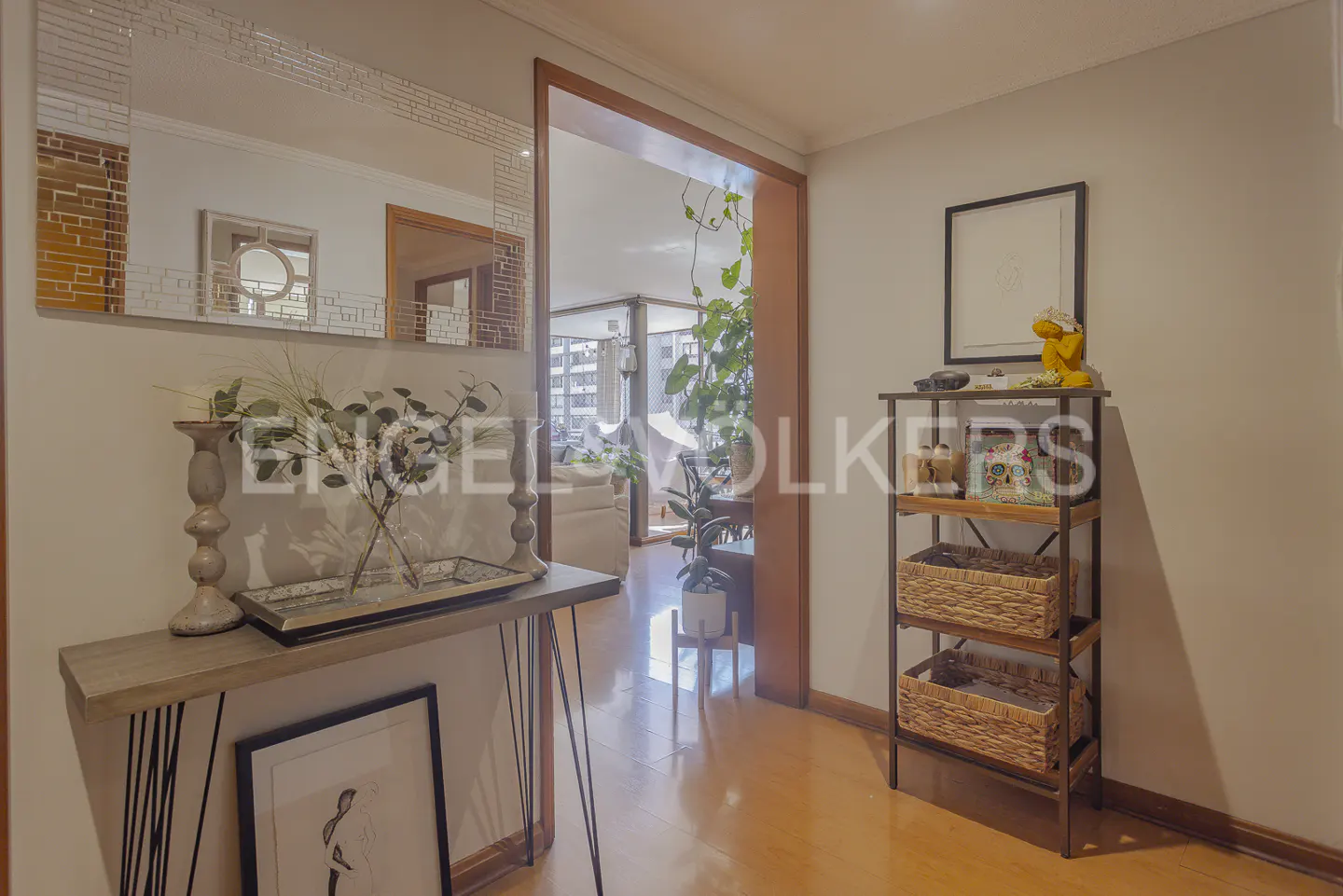 Entryway with a console table, mirror, and a shelf with baskets. A doorway leads to a living room with plants and a sofa.