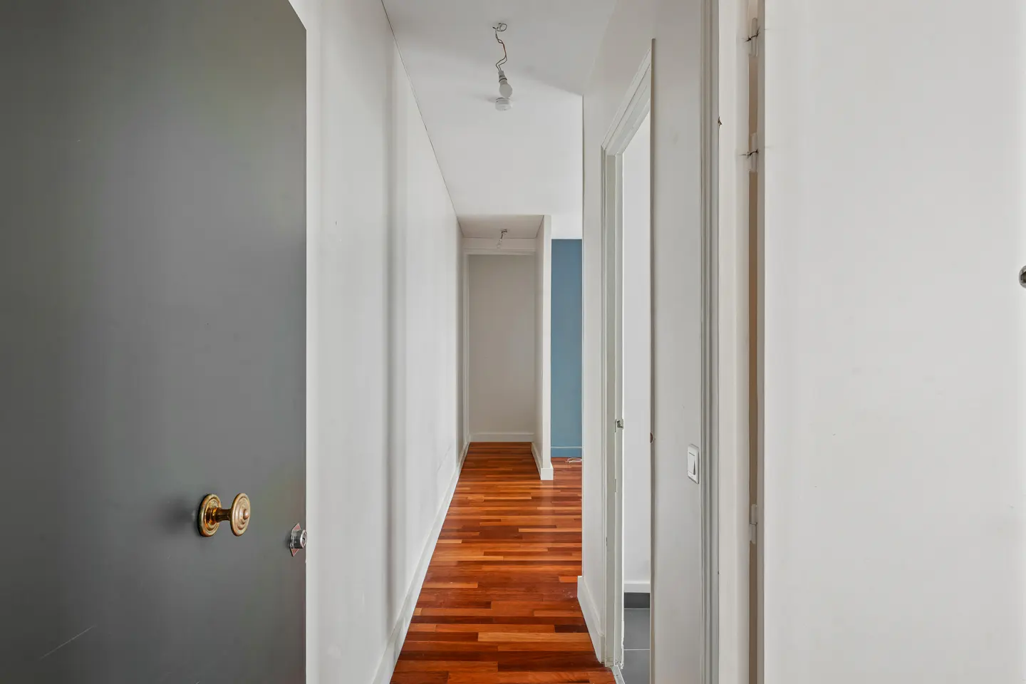 Hallway view with hardwood floors, white walls, and a gray door with gold hardware on the left.