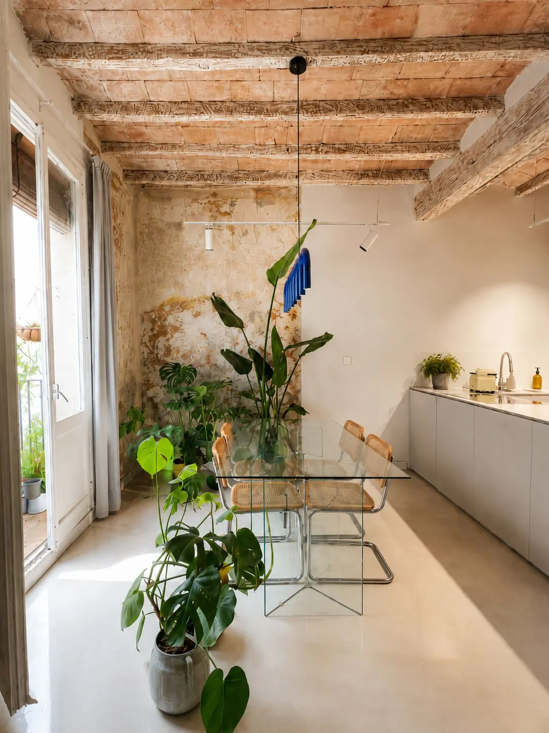 Modern dining area with glass table, cane chairs, and lush indoor plants under a rustic brick ceiling with wooden beams.