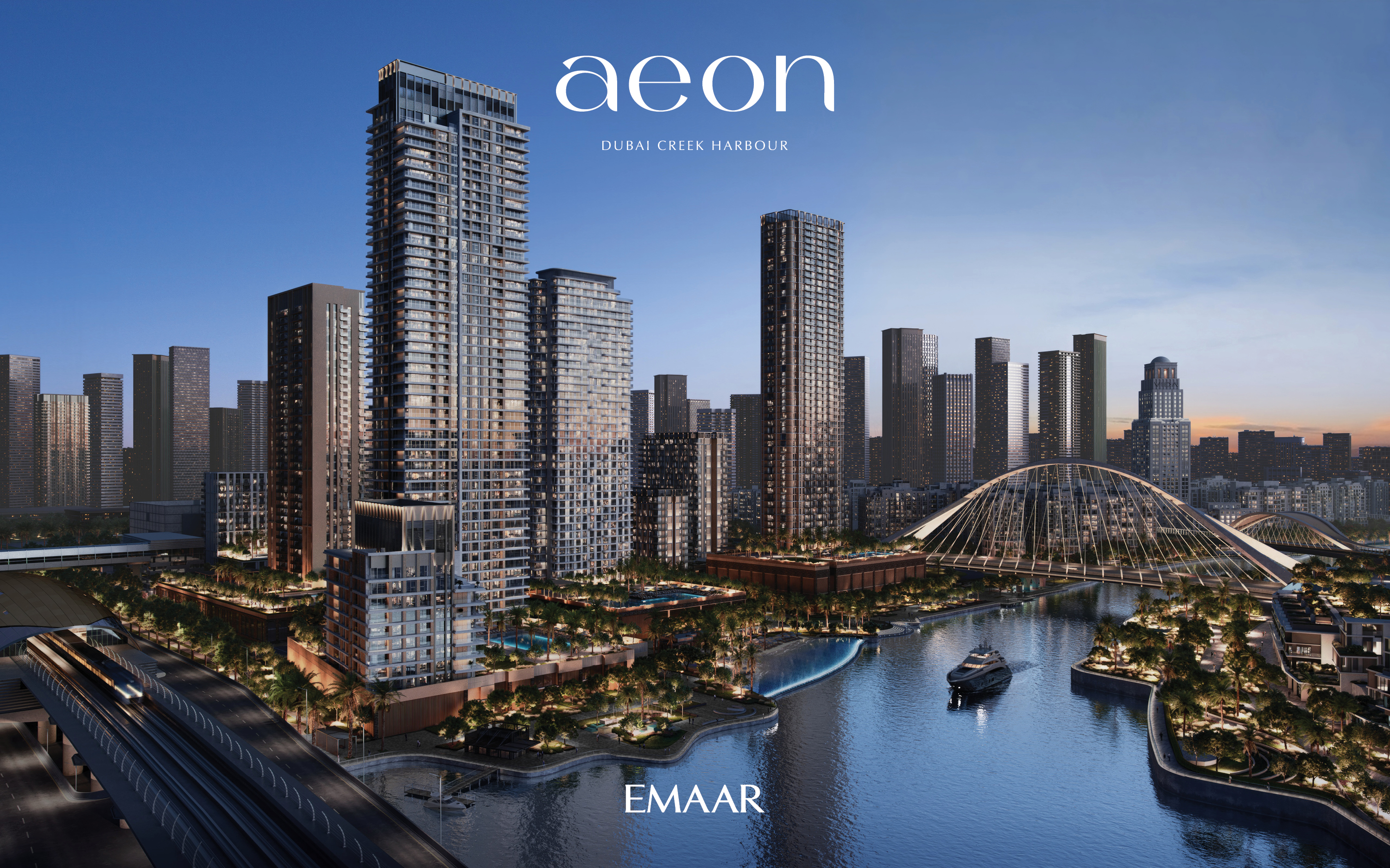 Modern high-rise apartment towers at Aeon, Dubai Creek Harbour, featuring a waterfront, bridge, and lush landscaping at dusk. [AI-generated text]