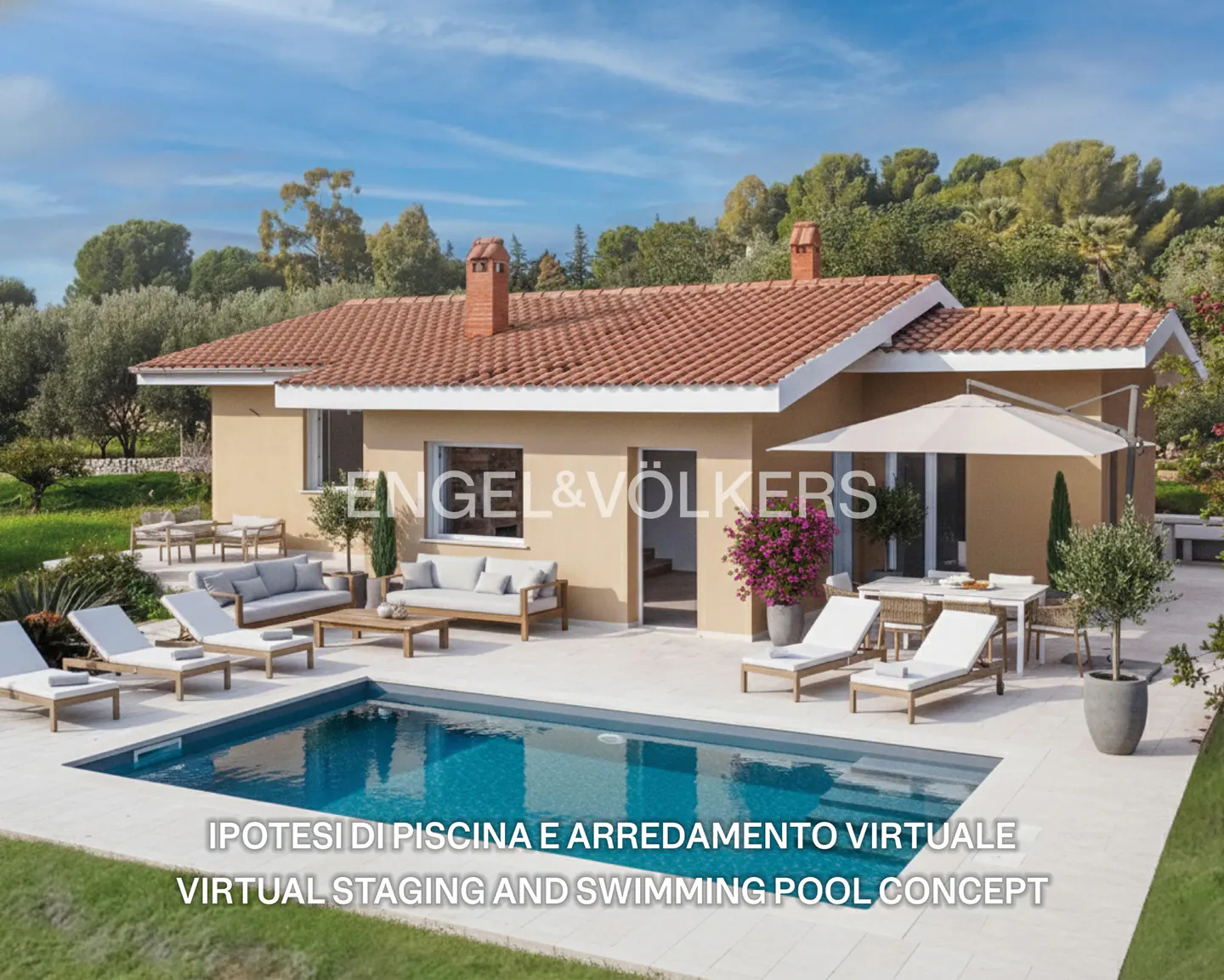 Tan house with a red tile roof, a blue pool, and outdoor furniture on a sunny day. Engel & Völkers logo on the house.