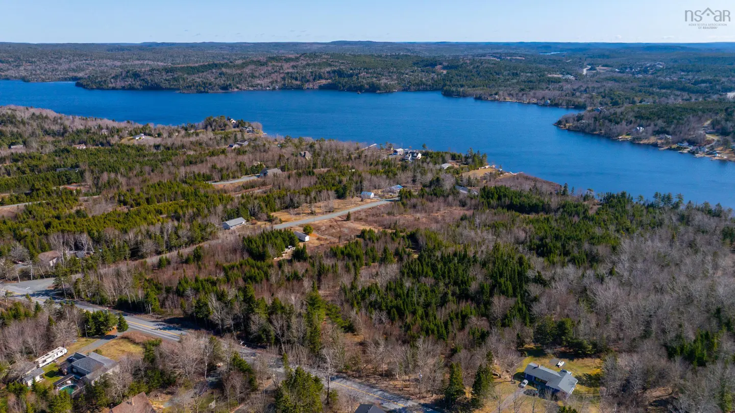Aerial view of a blue lake surrounded by green forests and scattered houses under a clear blue sky.