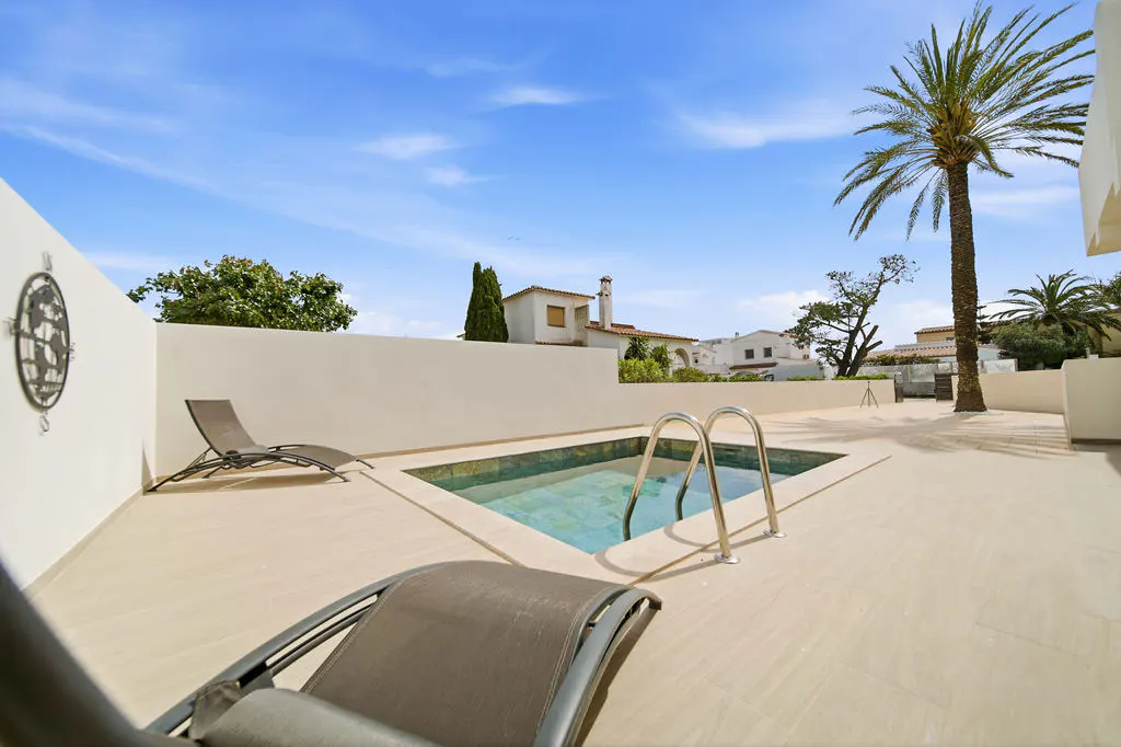 Outdoor patio with a small pool, two lounge chairs, and a palm tree under a blue sky.