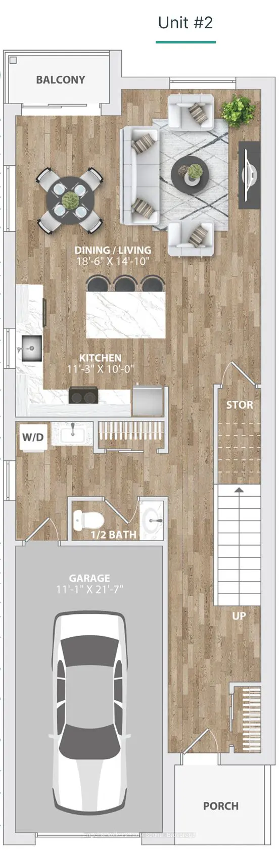 Floor plan of Unit #2 showing a balcony, dining/living area, kitchen, bath, garage with car, storage, stairs, and porch.