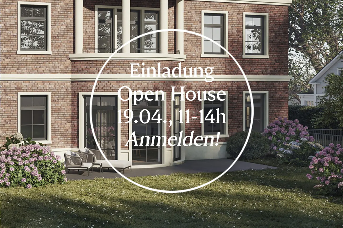 Brick house with "Open House" text overlay. Patio furniture sits outside the door, with flowers and grass in the yard.