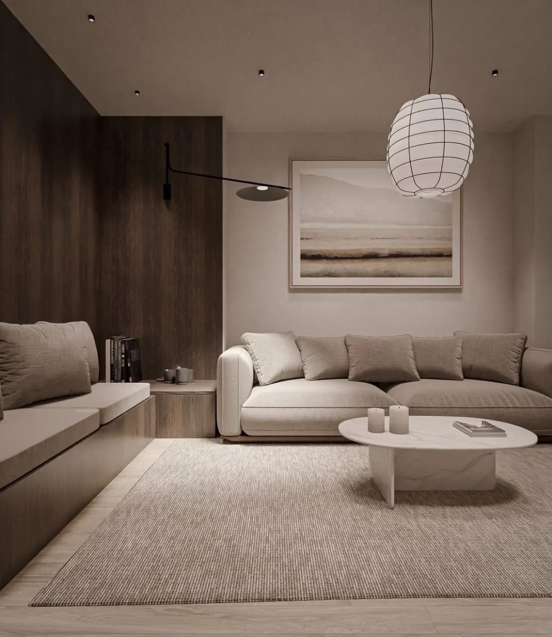 A neutral living room features a beige sofa, a round white coffee table with candles, and a textured rug. A modern lamp hangs above.