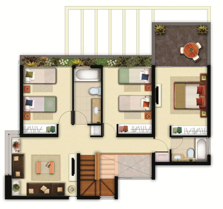Floor plan of a house with three bedrooms, two bathrooms, a living room, and a balcony with a table and chairs.