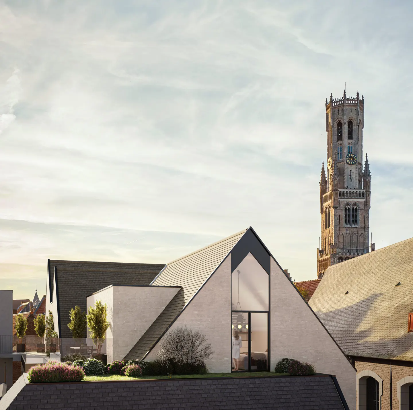 Exterior view of a modern white house with a black roof, a woman standing inside, and a tall clock tower in the background.