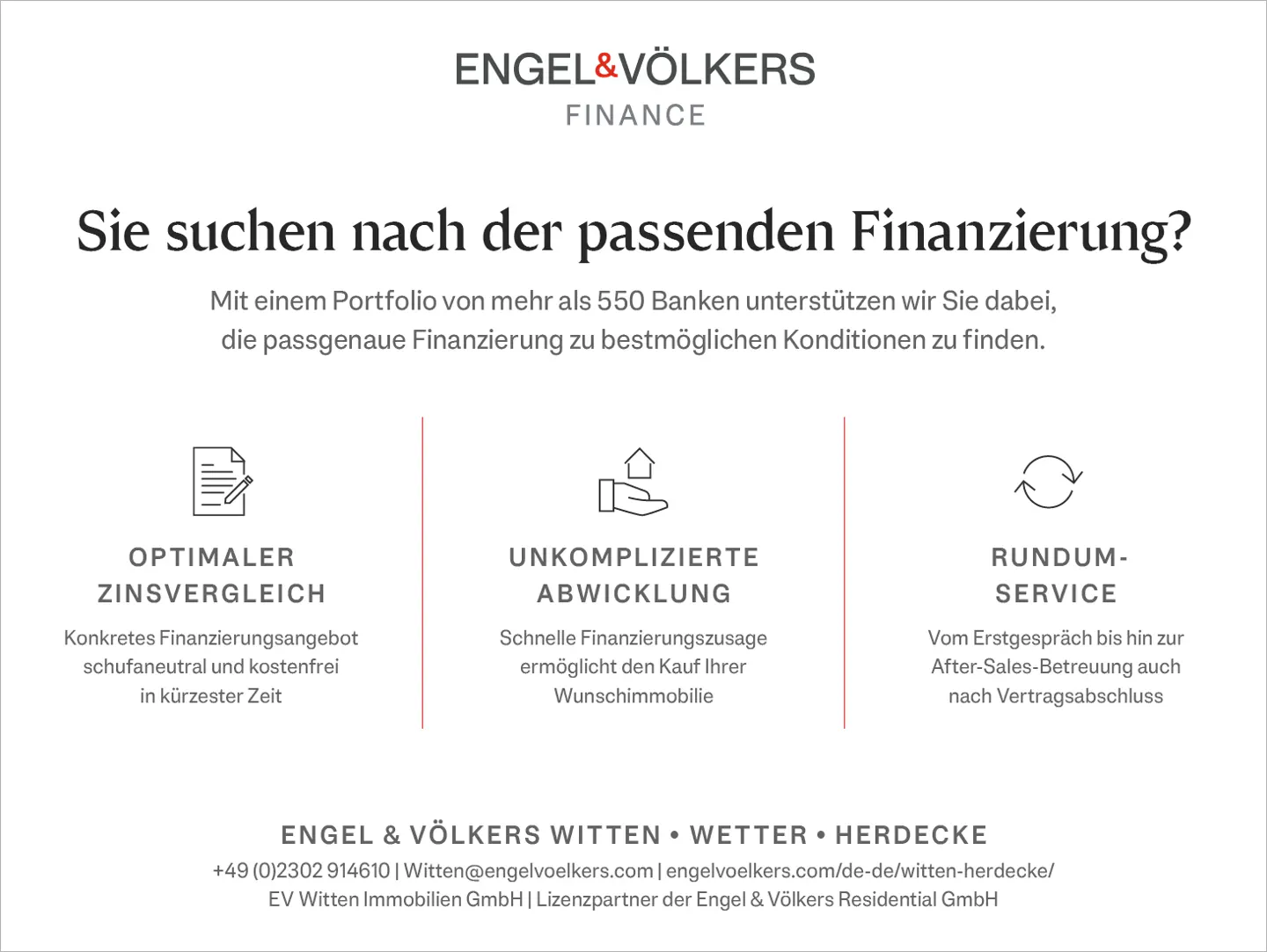 Engel & Völkers Finance ad: Text about finding the right financing, with icons for interest comparison, processing, and service.