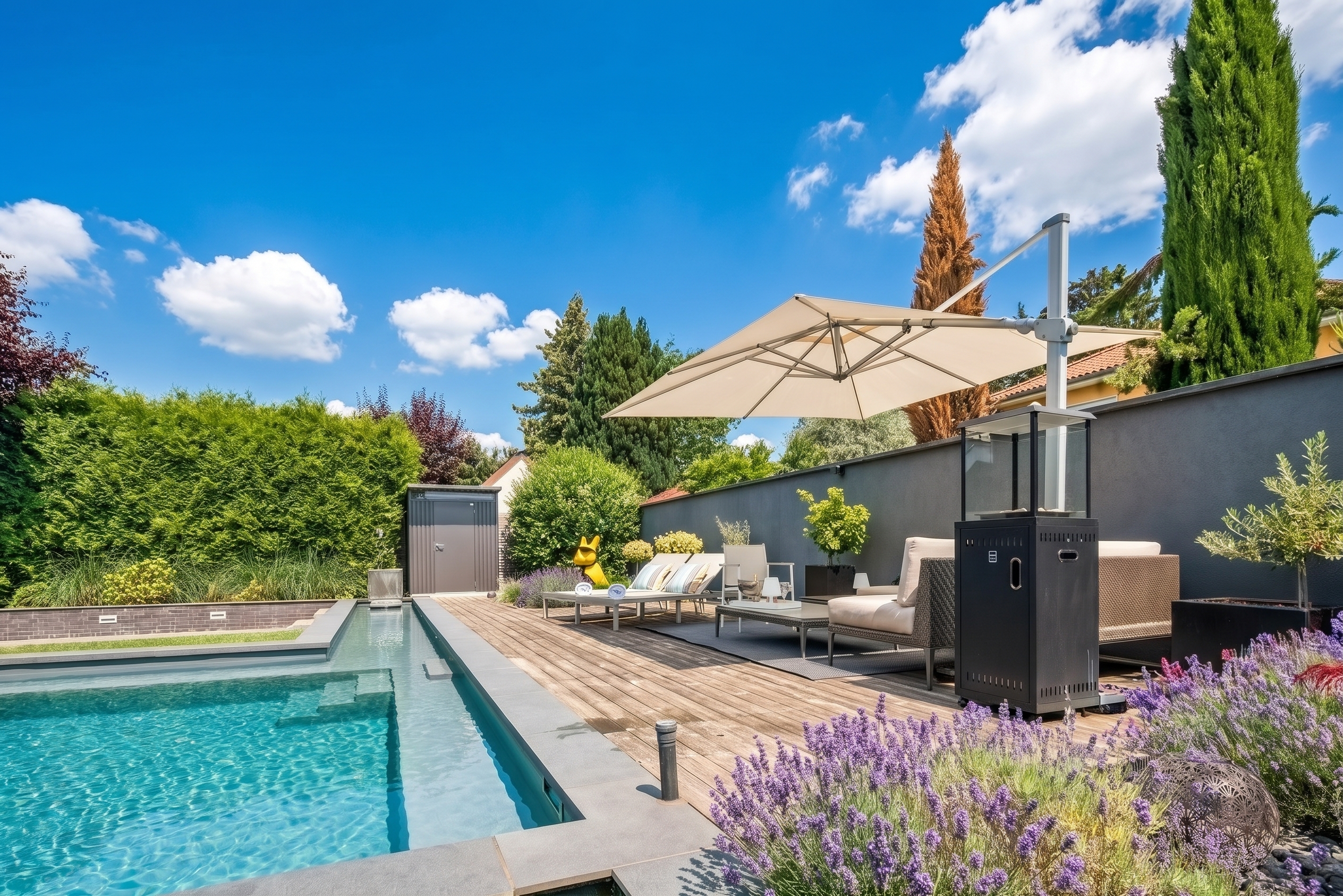 A sunny backyard with a rectangular pool, wooden deck, lounge chairs under a beige umbrella, and blooming purple lavender.