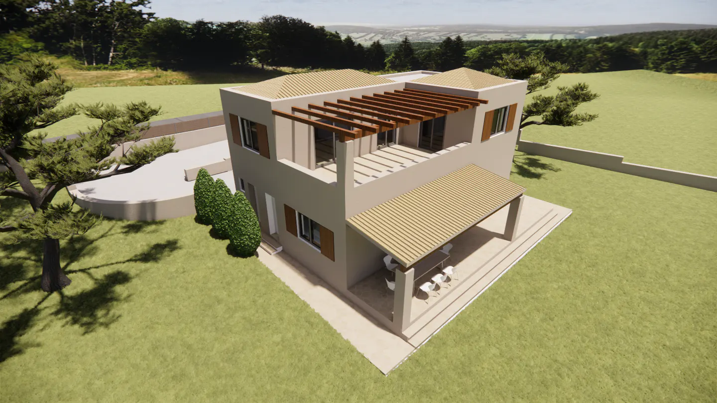A 3D rendering of a modern two-story beige house with a wooden pergola, tiled roof, and a patio set in a grassy landscape.