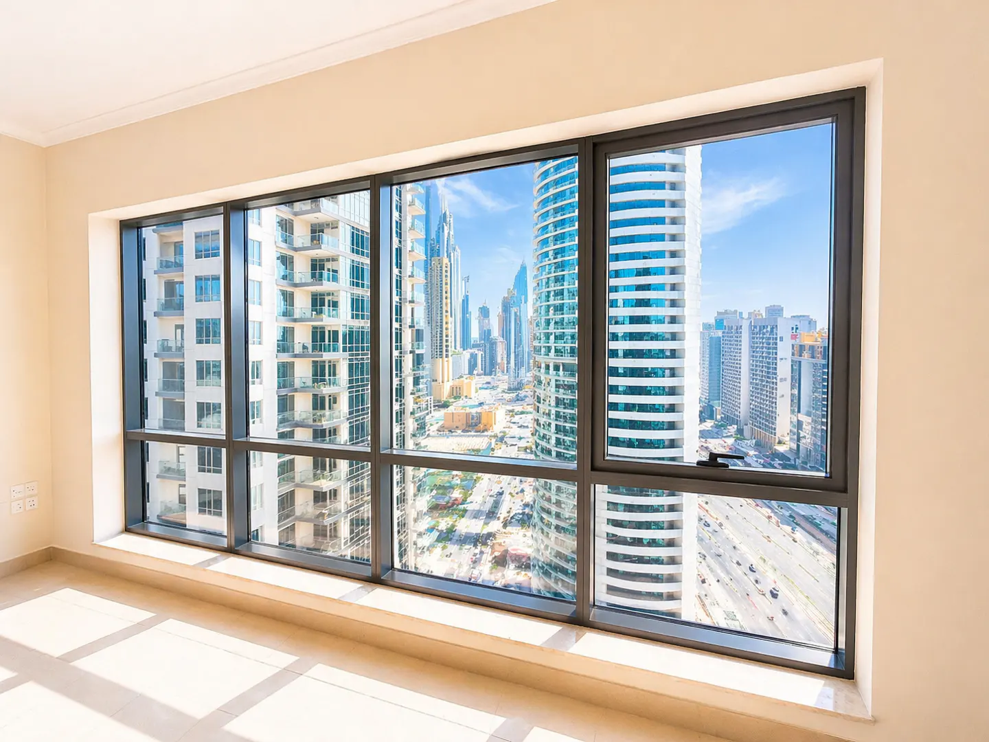 A large window with a city view. Tall buildings are visible through the window. Sunlight shines on the floor.