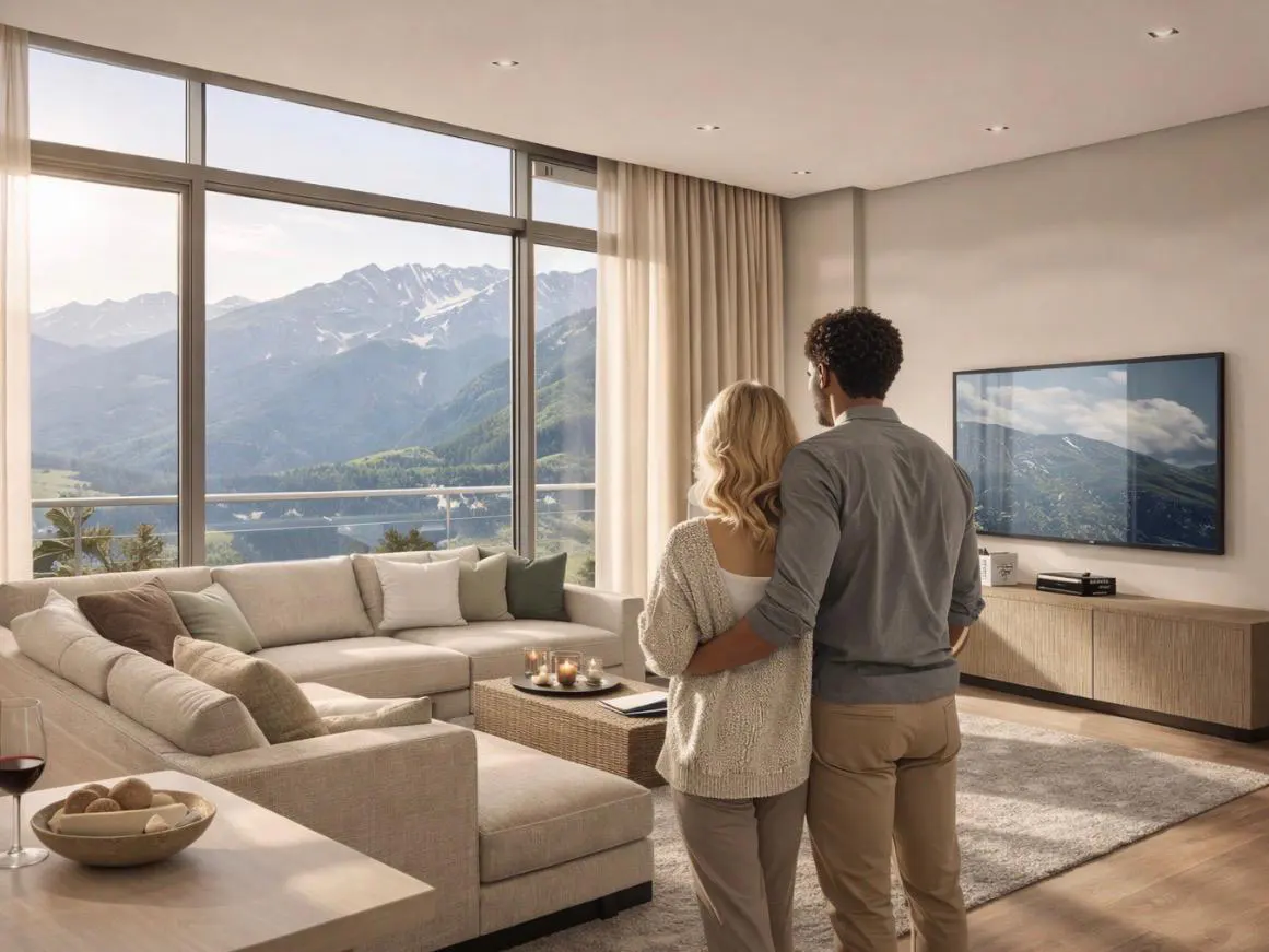 A couple embraces in a modern living room, gazing at a mountain view through a large window. Neutral tones dominate the interior.