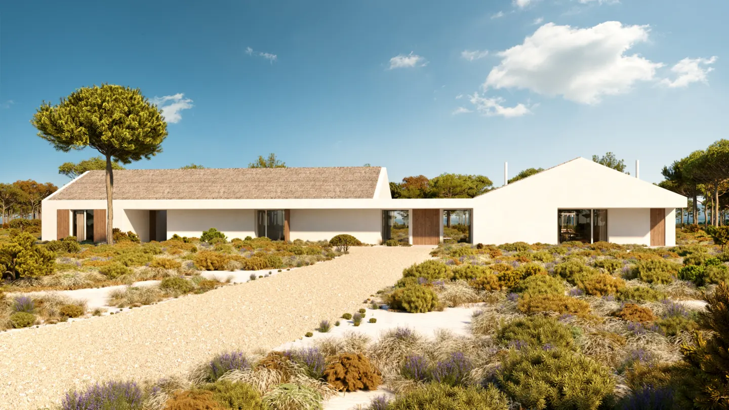 Modern white house with a light brown roof, surrounded by greenery and a gravel driveway under a blue sky.