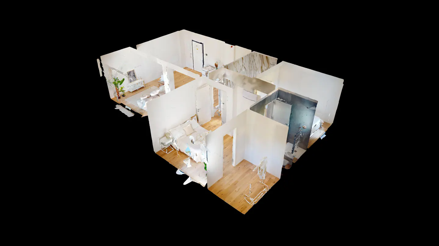 3D floor plan of a modern apartment with white walls, wood floors, and a black background.
