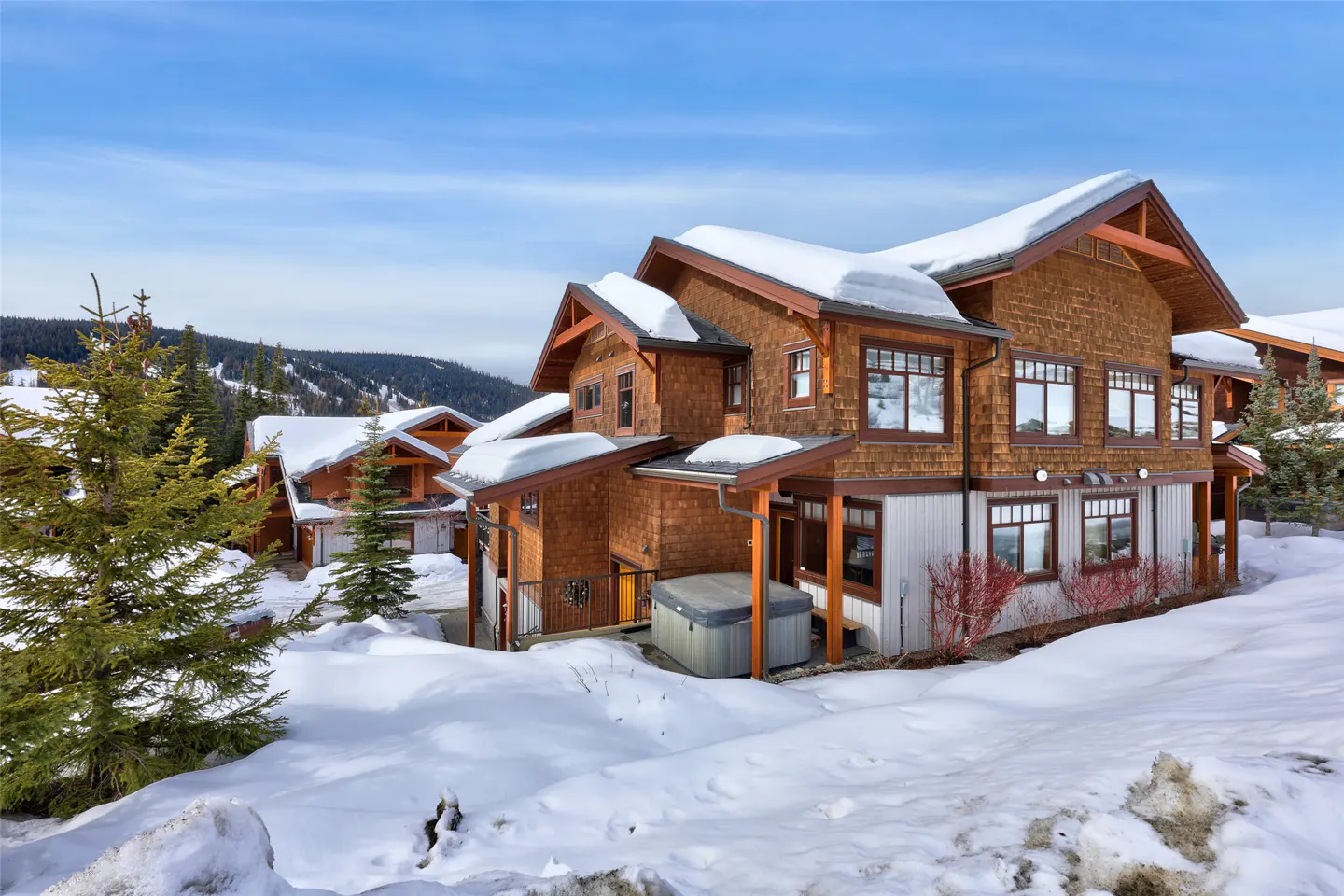 Exterior view of a brown, multi-story house with snow-covered roof, surrounded by snow and trees on a sunny day.