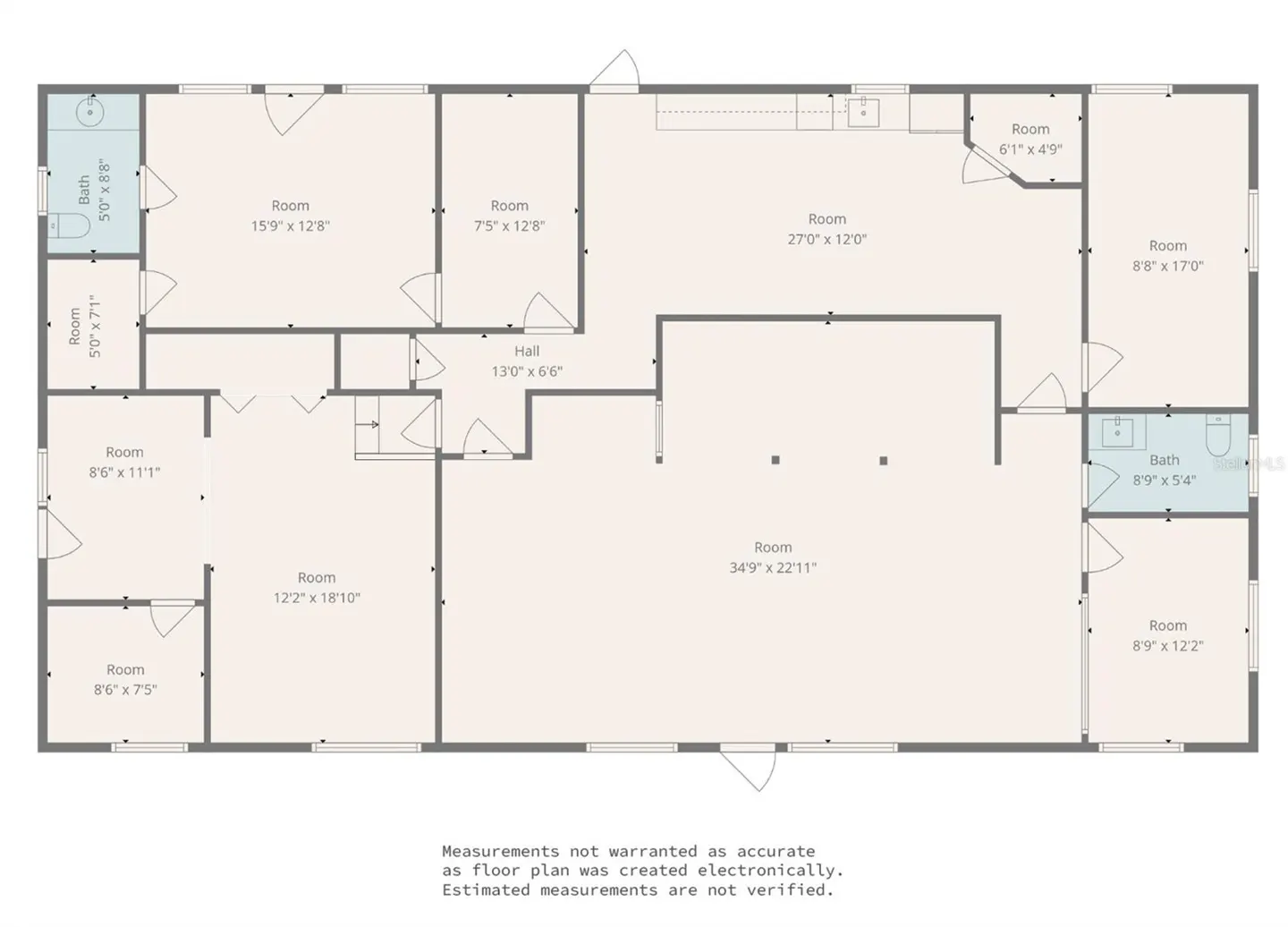 Floor plan of a house with multiple rooms, including bathrooms, a hall, and rooms of varying sizes, all labeled with dimensions.