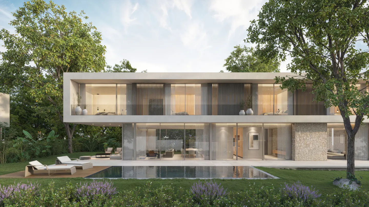 Modern two-story house with a pool. Large glass windows, white exterior, surrounded by green trees and lawn.
