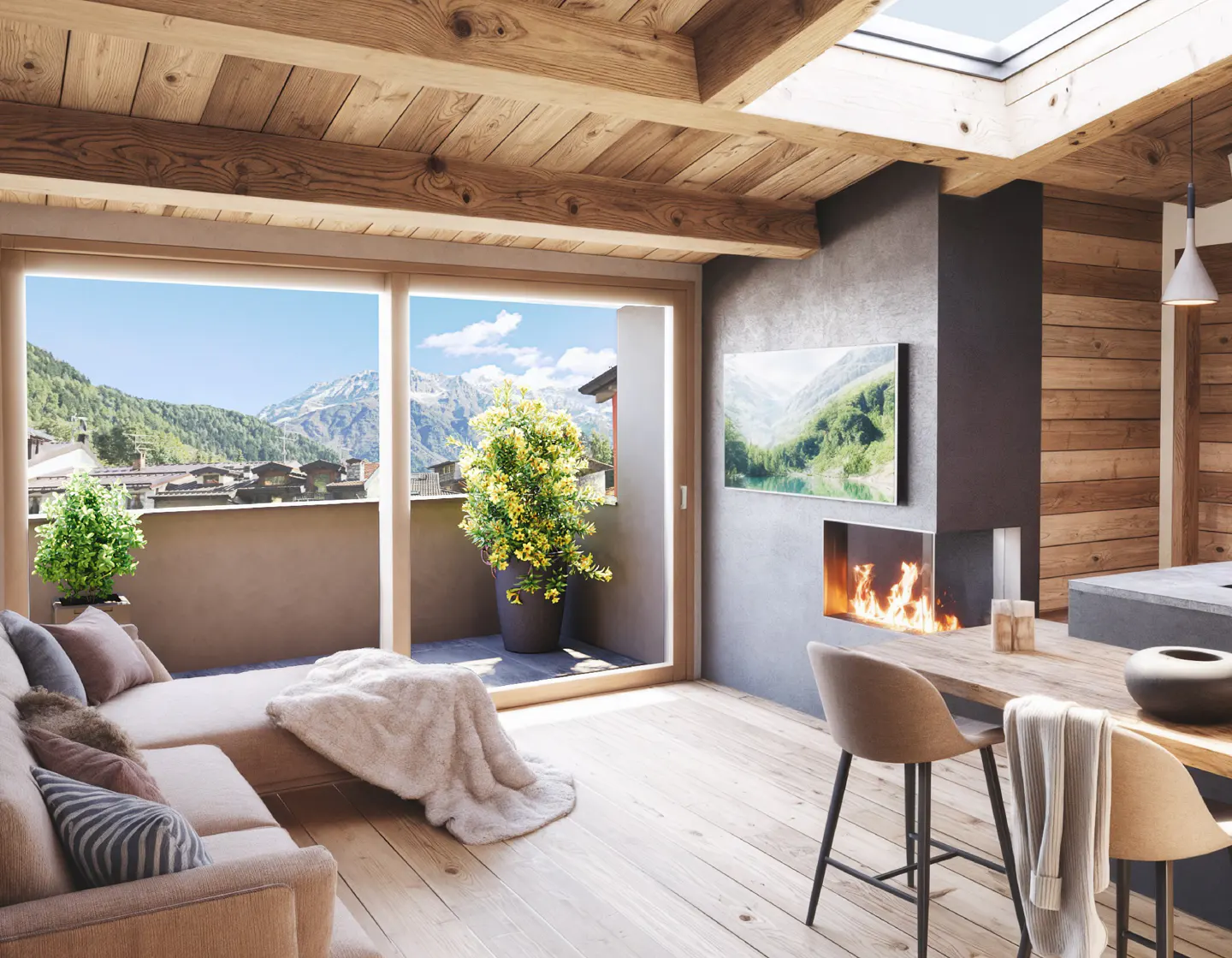 Living room with wood ceiling, fireplace, and mountain view. Beige sofa, chairs, and a balcony with plants.