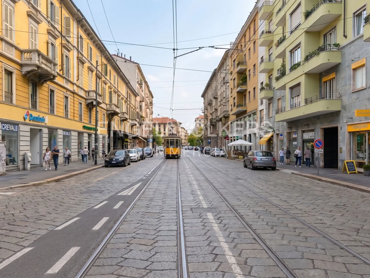 Street view of Milan, Italy, with a yellow tram approaching on tracks in the center of a cobblestone road lined with buildings.
