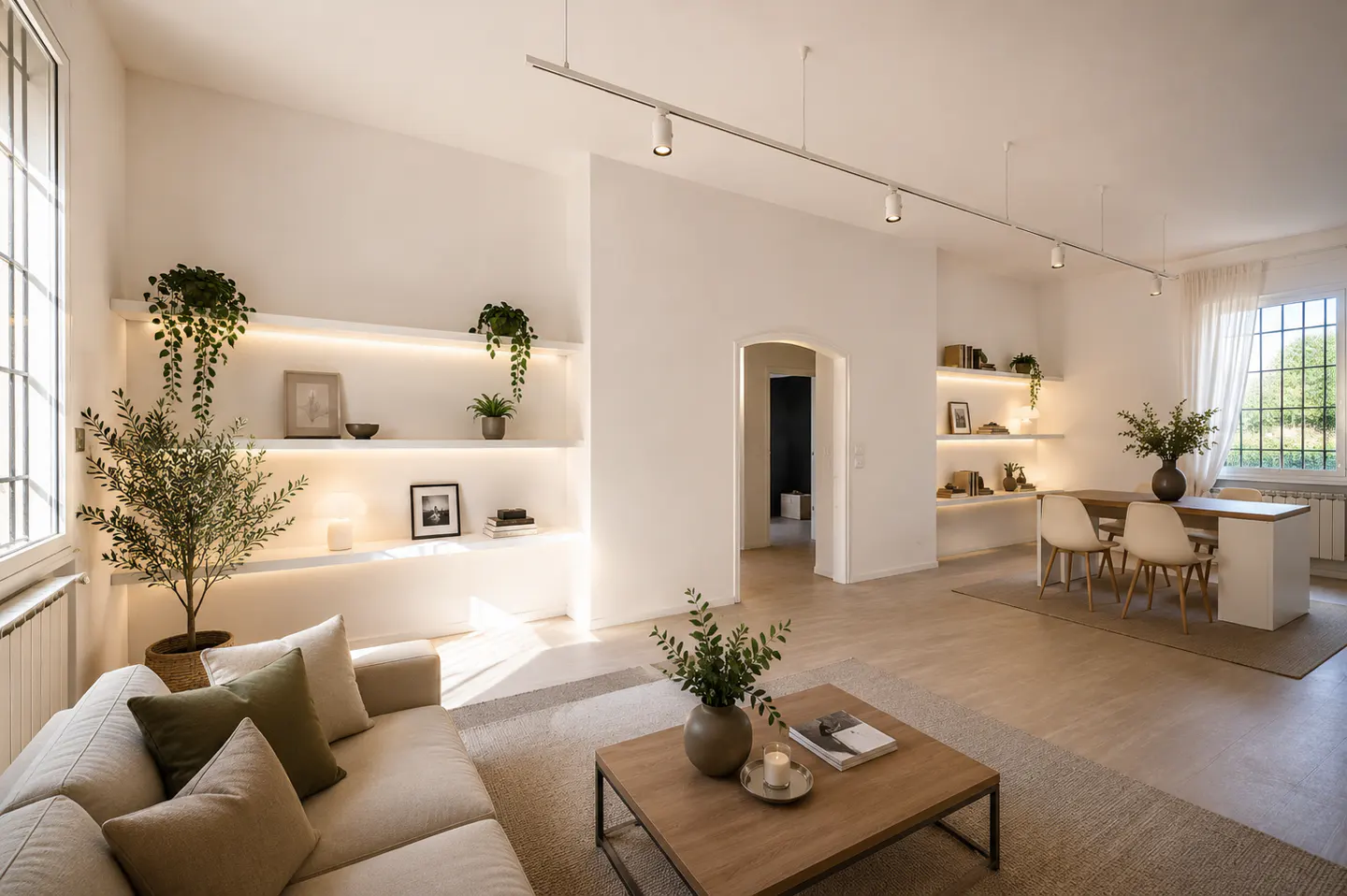 Bright, open living space with a beige sofa, wood coffee table, and built-in shelves with plants and decor. Dining area visible in the background.