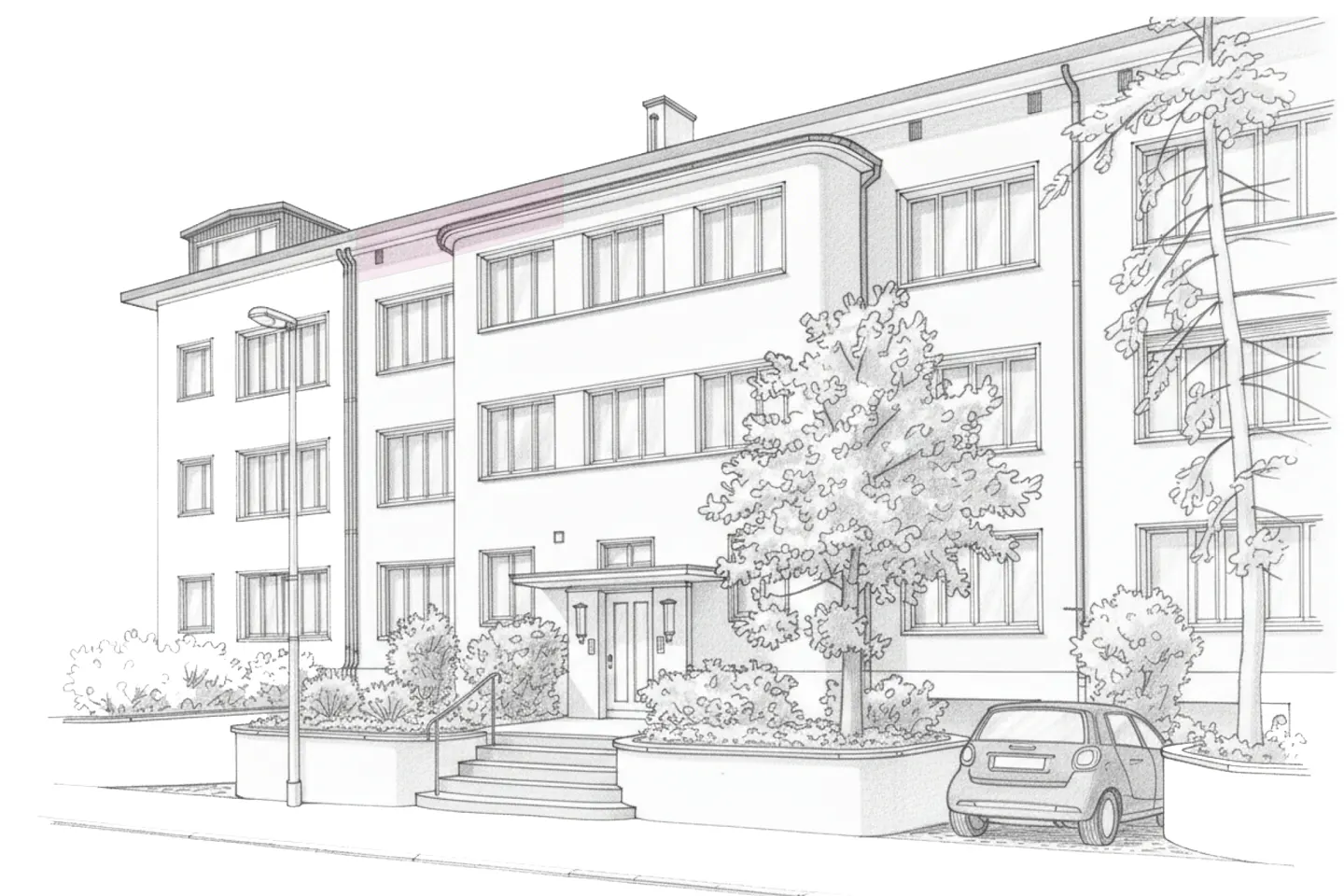 Pencil sketch of a three-story apartment building with a car parked in front. Steps lead to the entrance.